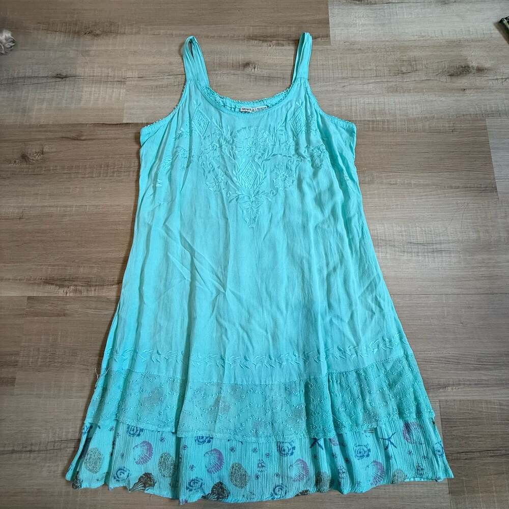 Raya Sun Turquoise Embroidered Sea Shell Print Sleeveless Beach Cover-Up Dress
